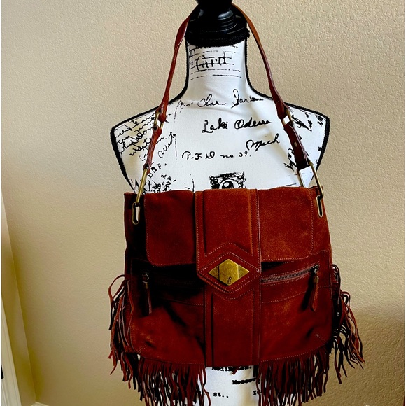 Rachel Zoe Brown Suede Shoulder Bag Fringe Boho Style 15 X 12 NWOT - Picture 1 of 12